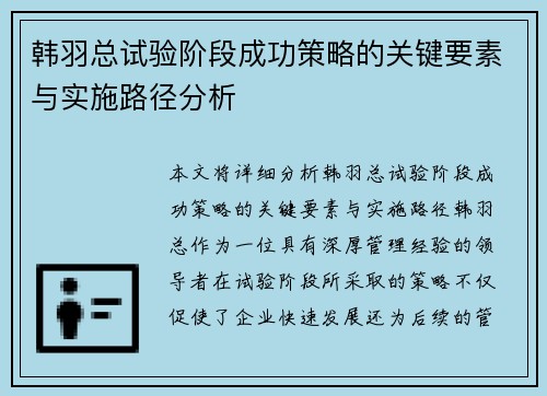 韩羽总试验阶段成功策略的关键要素与实施路径分析